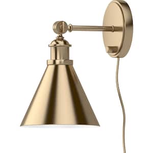 1-Light Antique Gold Plug-In Wall Sconce Lamp with Rotatable Spotlight Shade
