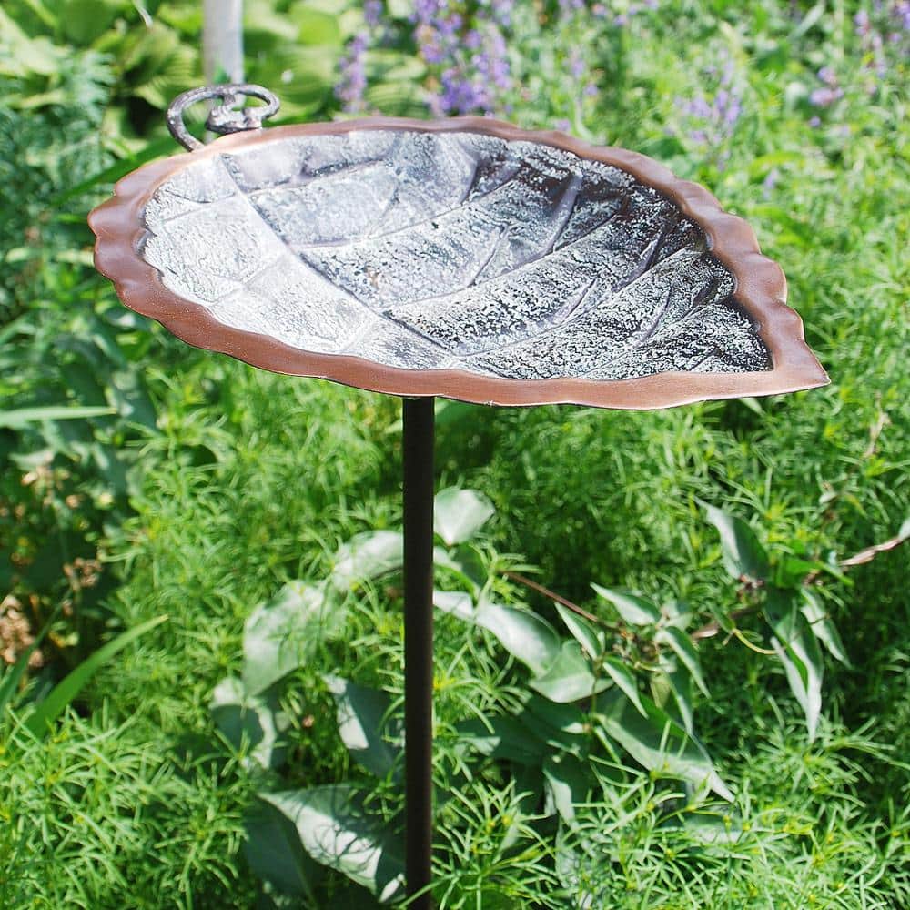 Antique Brass Leaf Birdbath with Iron Stake
