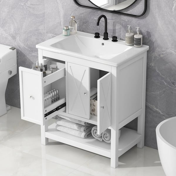 30 in. D x 18.3 in. W x 33.9 in. H White Bathroom Vanity with Door and Drawer, Solid Wood,Top with White Ceramic Basin
