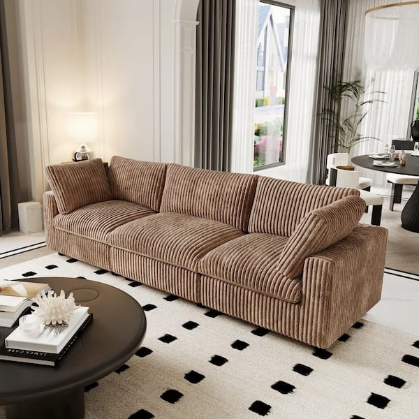 118 in. Square Arm 3-Piece Soft Faux Rabbit Fur Velvet Modular Sectional Sofa Cloud Couch in. Brown