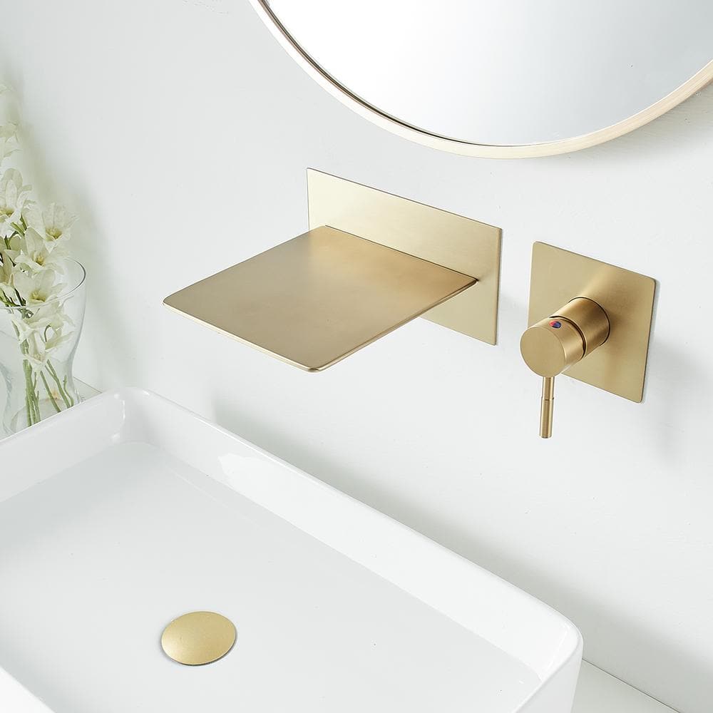 Brushed Gold Wall-Mount Single-Handle Bathroom Faucet with Shelf