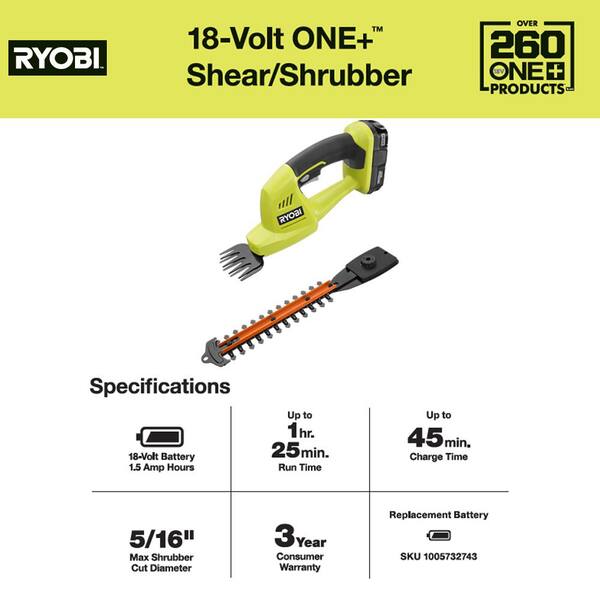 RYOBI Cordless Hedge Trimmer 18-Volt Lithium-Ion Cordless 1.3 Ah Battery Charger 