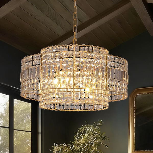 HUOKU Crystal 5-Light 23.6 in. W Antique Gold Ring Drum Chandelier