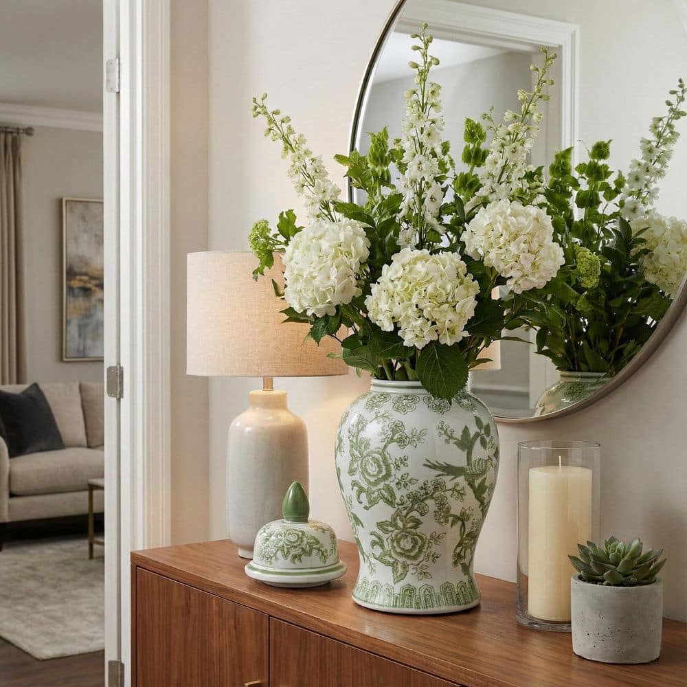 Liv & Skye Green/White 14.25 in. Stoneware Traditional Floral