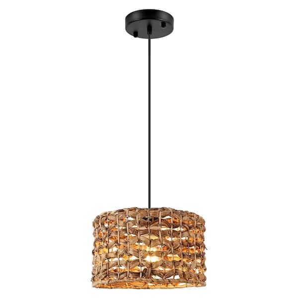 ZSMIHDOH 11.4 in. 1-Light Black and Natural Pendant Light with Rattan Shade, No Bulbs Included