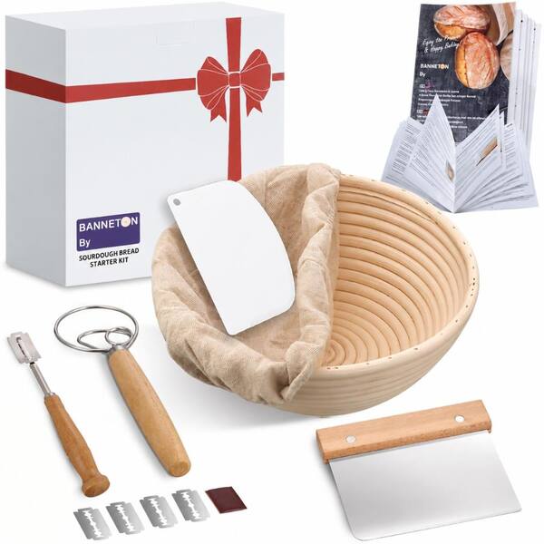 Handmade Natural Rattan Round Banneton Bread Proofing Basket Set with Liner and Starter Tools