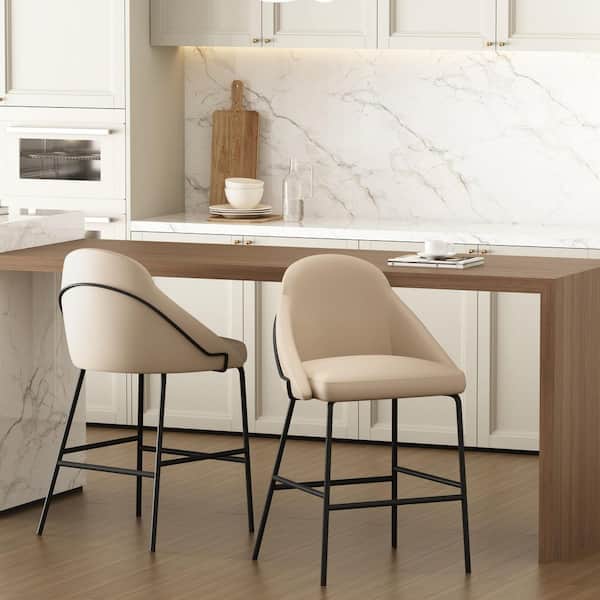 Manhattan Comfort Gracie 26 in. Modern Tan and Black Metal Frame Counter Height Bar Stool with Faux Leather Upholstered Seat (Set of 2)