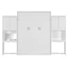 White wood frame Murphy bed with storage and vanity.