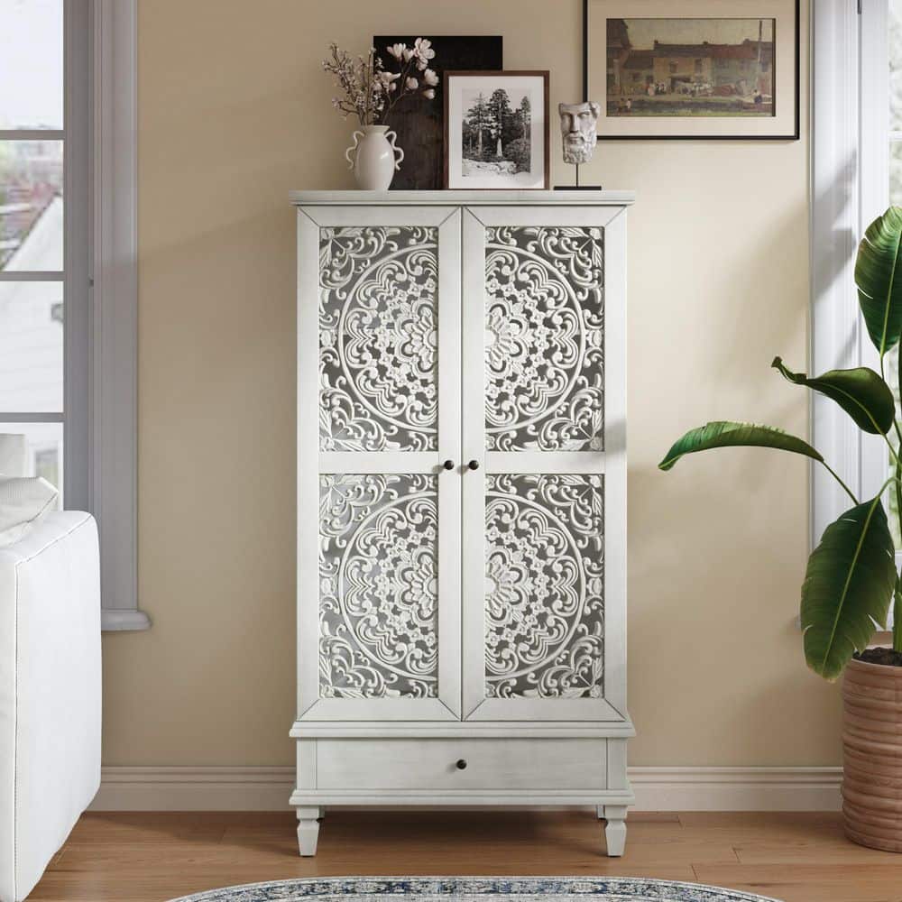 55 in. H White Washed Solid Wood & MDF Buffet /Accent Cabinet with Drawer 2-Door Carved Wood Storage