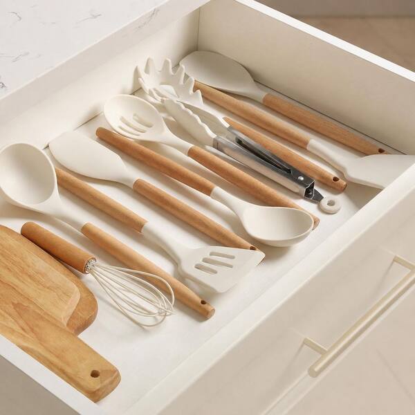 Food Grade Silicone Kitchen Utensils Set 10-Piece Cooking Tools Heat Resistant Wood Handle Nonstick Cookware Safe, White