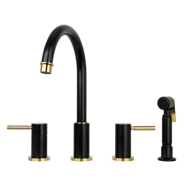 Akicon Two-Handles Black and Gold Widespread Kitchen Faucet with Side Spray