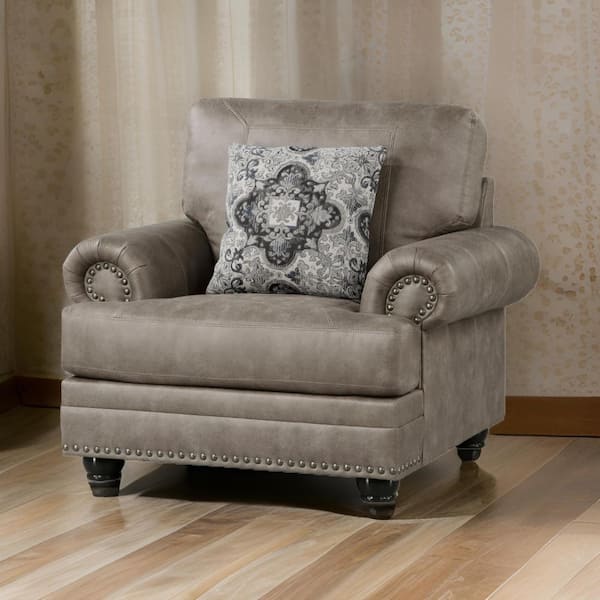 Benjara Taupe Brown and Espresso Brown Microfiber Arm chair with 1 Decor Pillow, Wood