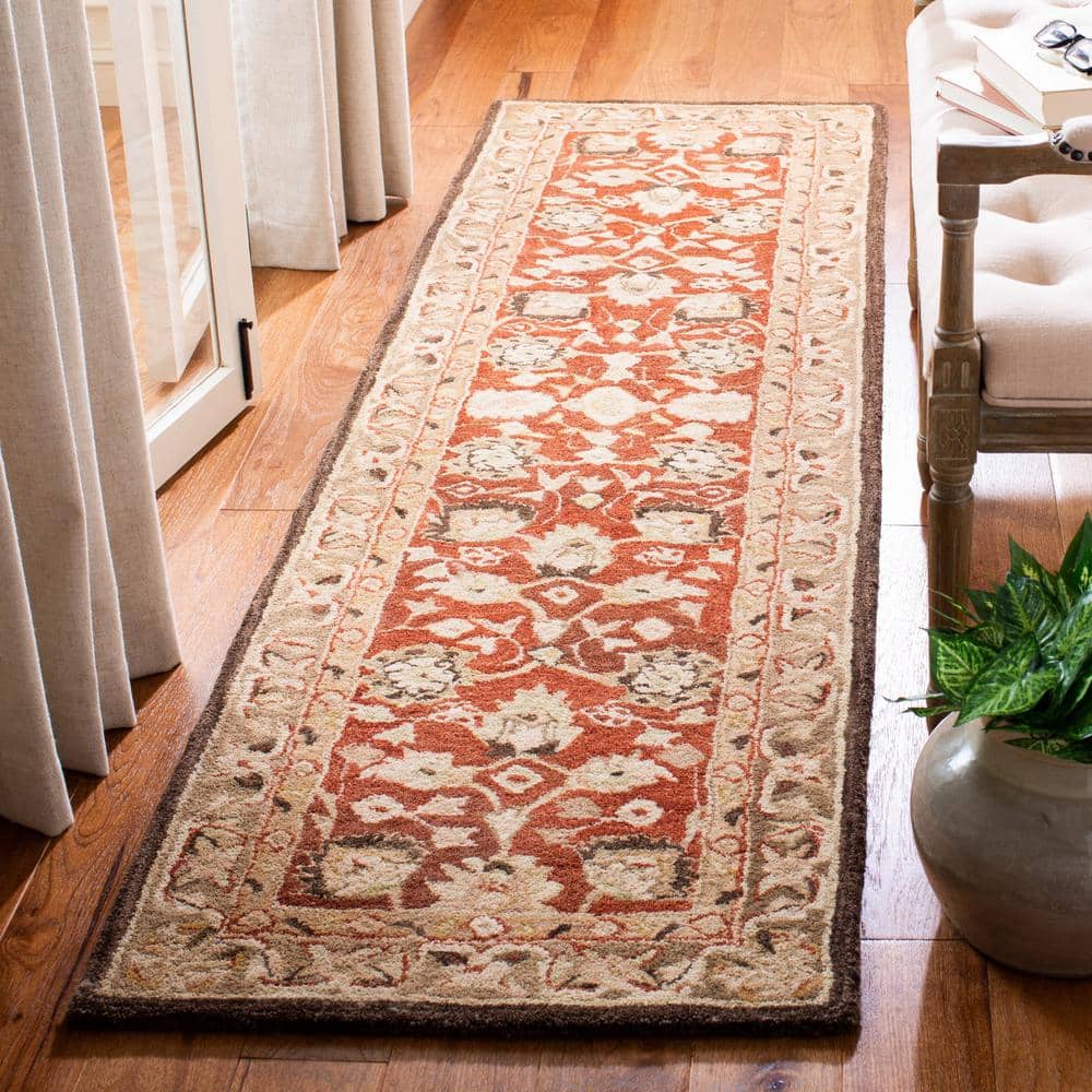 Handmade Rust and Green Floral Wool Runner Rug