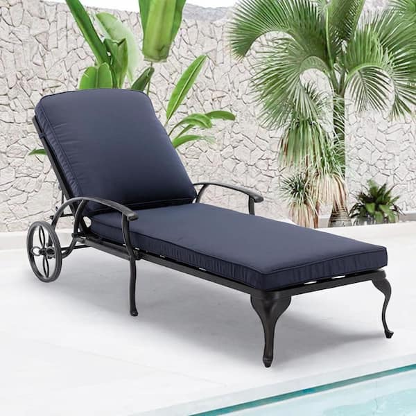 HOMEFUN 78.75 in. L Aluminum Chaise Lounge Outdoor Chair with Wheels Adjustable Reclining and Navy Blue Cushion
