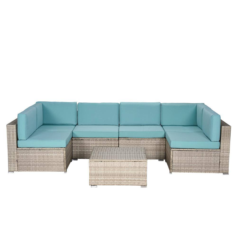 7-Piece Wicker Outdoor Sectional Set with Teal BlueCushion and coffee table price history on PriceWatchPro
