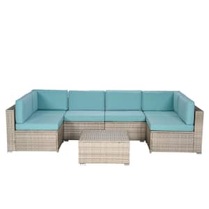 7-Piece Wicker Outdoor Sectional Set with Teal BlueCushion and coffee table