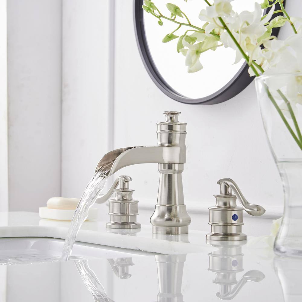 Brushed Nickel 8-Inch Widespread Waterfall Bathroom Faucet with Lever Handles