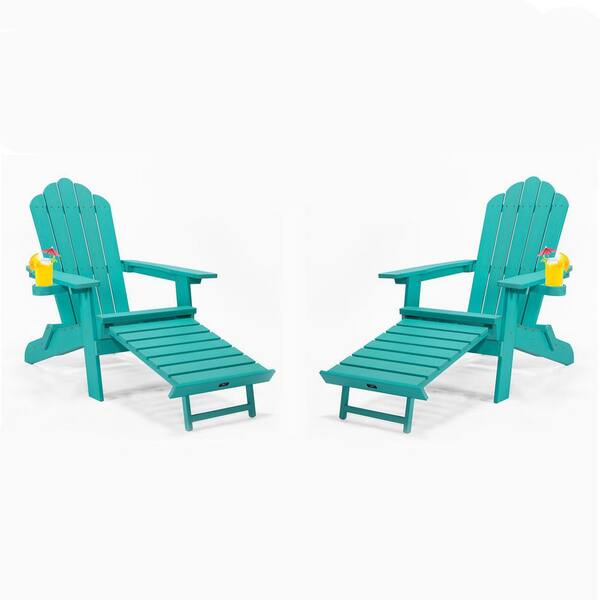 Tunearary Green Folding Adirondack Chair with Pullout Ottoman Cup Holder for Patio Deck Garden Backyard (Set of 2)