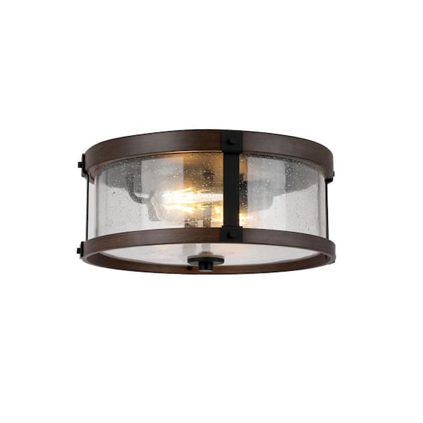 Hampton Bay Collier 2-Light Black and Dark Brown Outdoor Flush Mount Light with Clear Seeded Glass