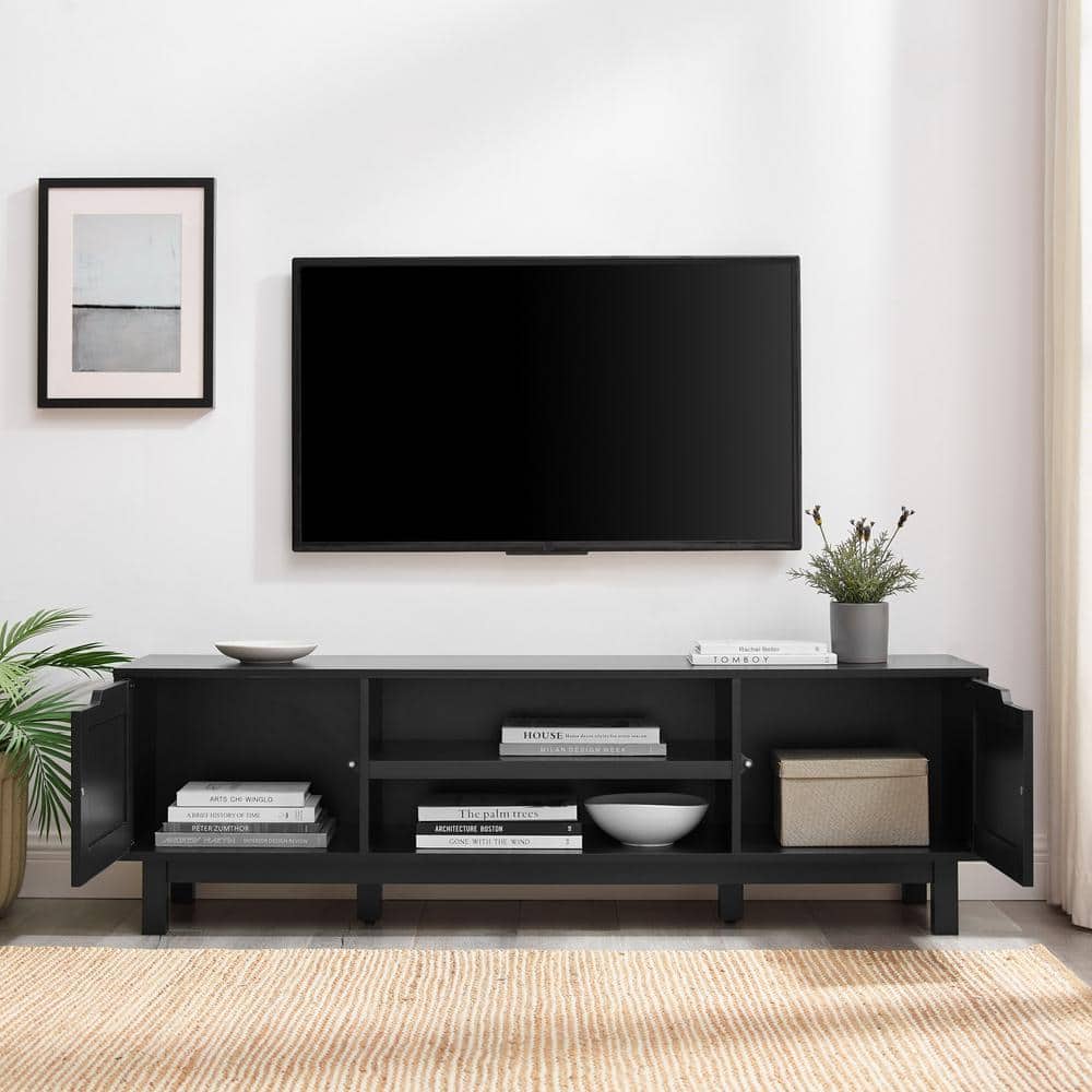 58" Solid Black Wood TV Stand with Cabinet for TVs up to 65 inches