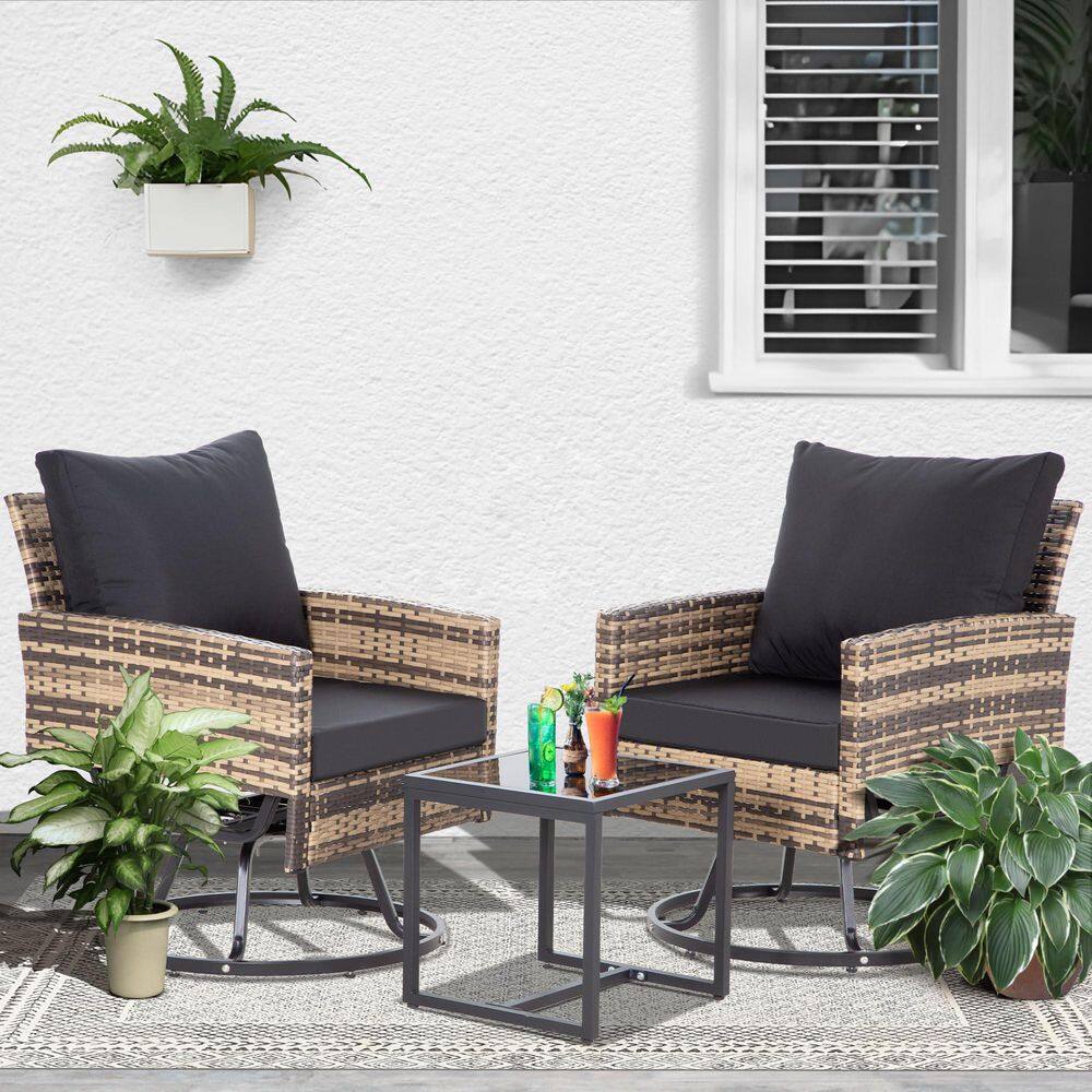 3-Piece Brown Wicker Patio Conversation set with Black Cushions and Table, Swivel Chairs price history on PriceWatchPro