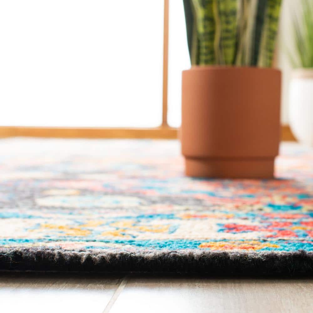 Aspen Charcoal and Blue Handmade Wool Floral Area Rug