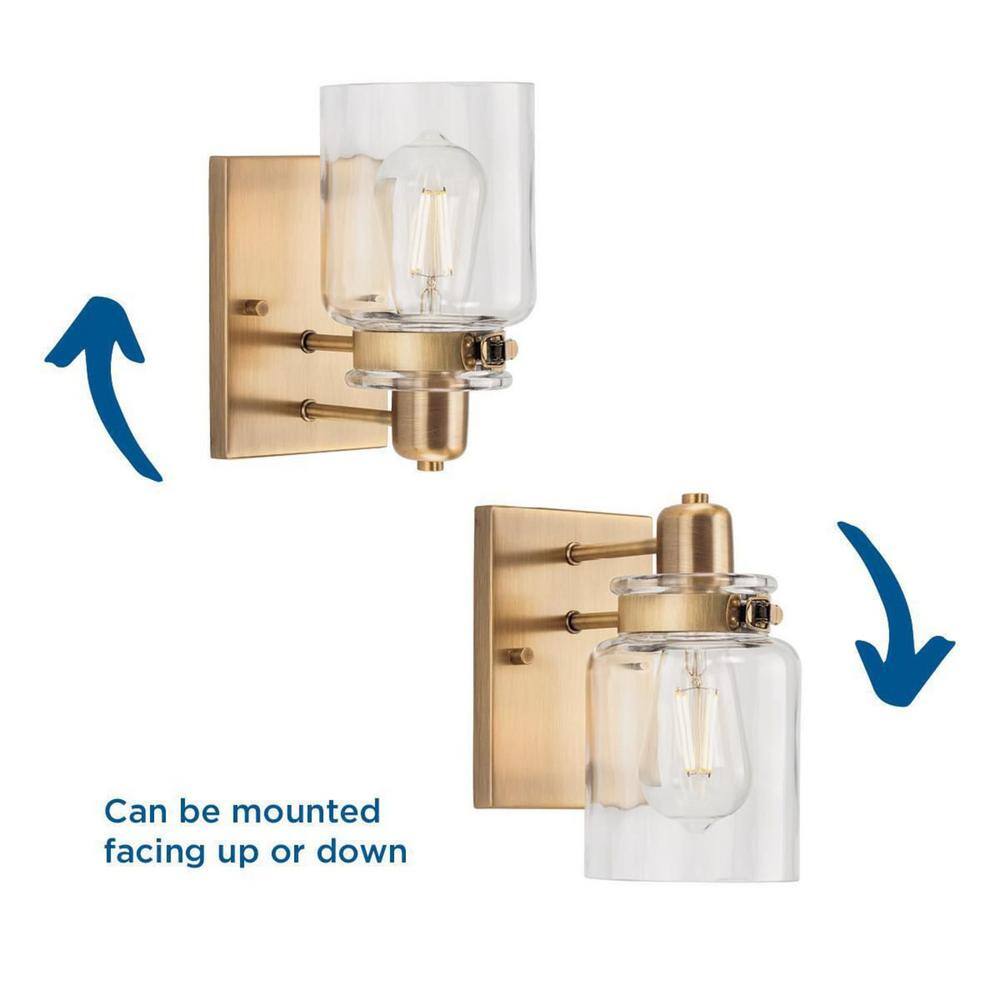 Vintage Brass and Clear Glass 1-Light Bath Vanity Light