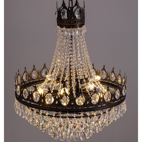 23.6 in. Black 9-Light Crystal Rustic Chandelier with Remote Control for Kitchen Island Living Room (Bulbs Not Included)