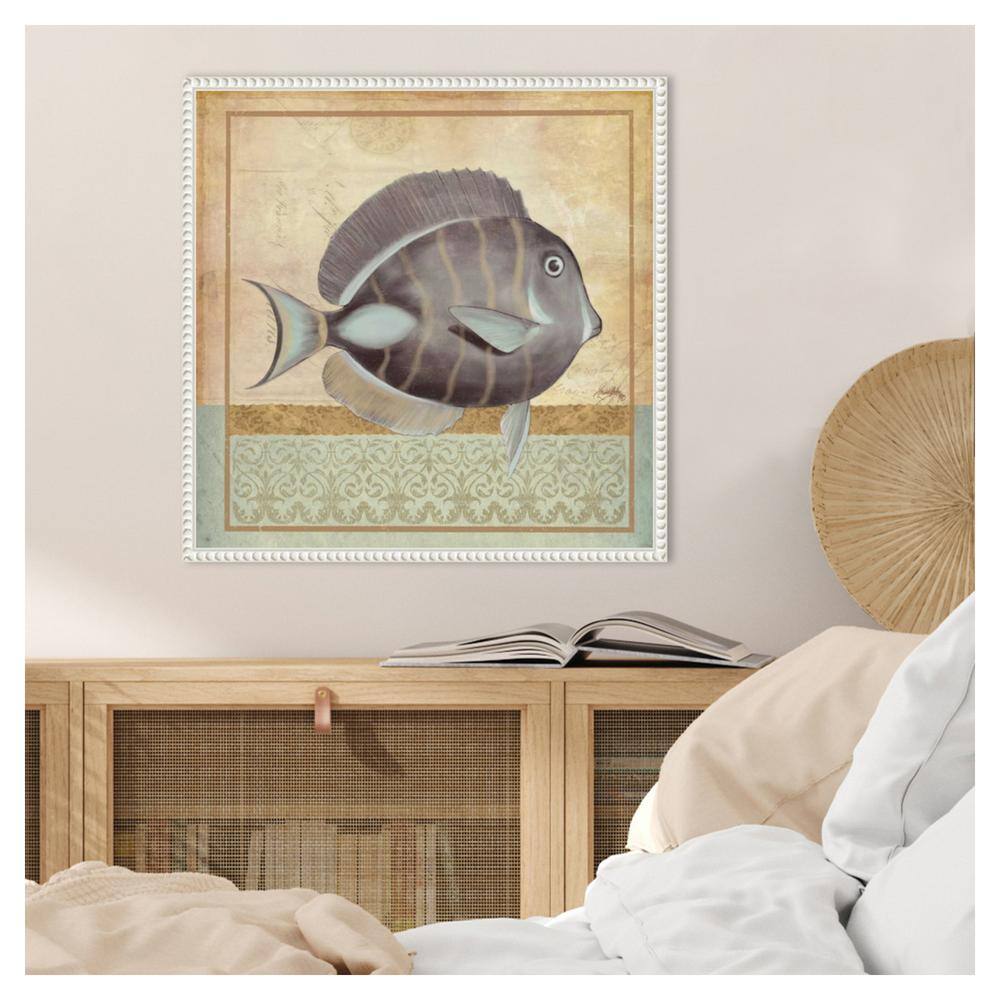 Vintage Fish II Coastal Canvas Wall Art with White Frame
