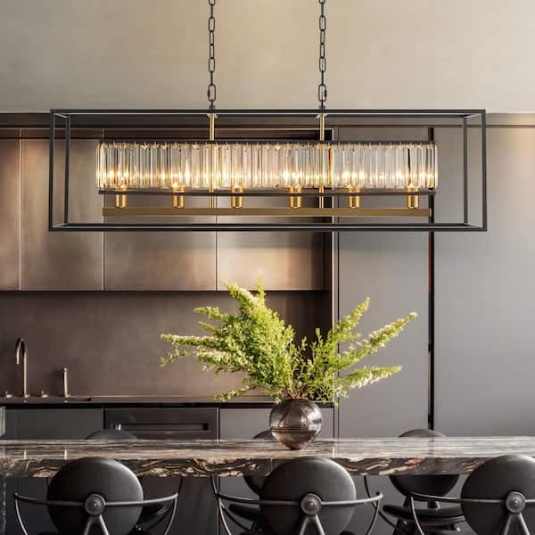 Kethry 6-Light Modern Black and Gold Rectangular Crystal Large Chandelier for Dining/Living Room
