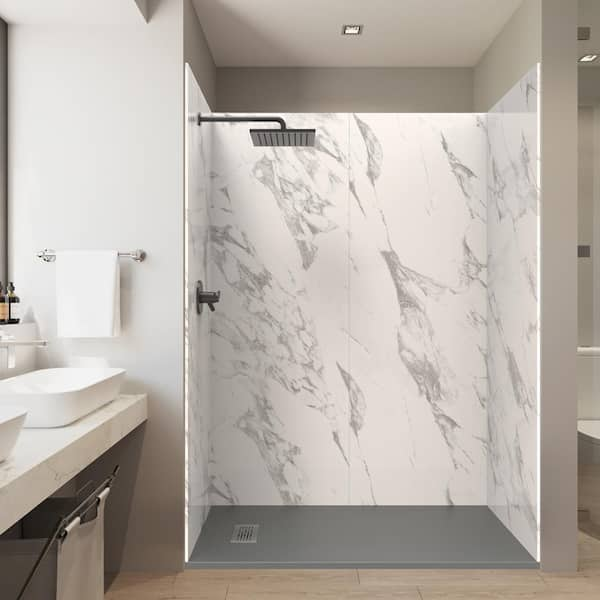 60 in. x 32 in x 84 in Alcove Solid Composite Stone Shower Kit - Carrara Shower Walls and L/R GR Sand Shower Pan Base