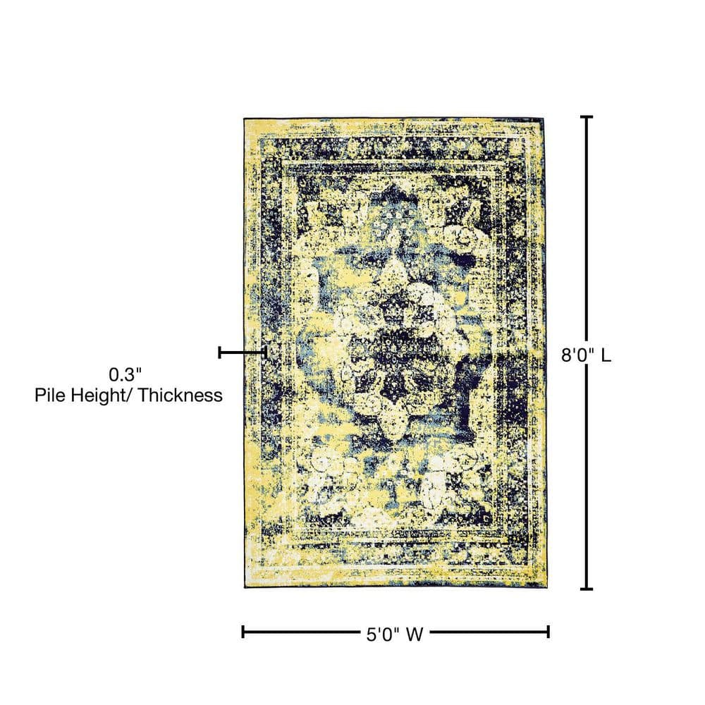 Navy Blue and Yellow Synthetic Reversible Area Rug