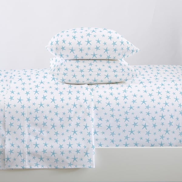 FRESHFOLDS 4-Piece Starfish Blue Ultra Soft Coastal Printed Microfiber King Sheet Set