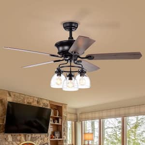 52 in. Smart Indoor/Outdoor Black Ceiling Fan with Remote Control and 5 Blades Reversible Fan Lights with 3 Glass Shade