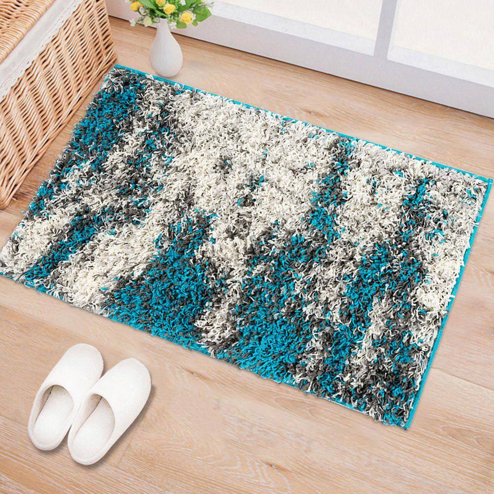 Turquoise and Gray Abstract Shag 8' x 10' Synthetic Rug