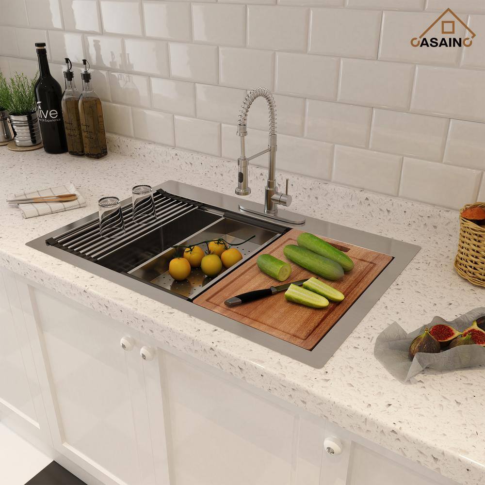 33'' Brushed Stainless Steel Single Bowl Workstation Kitchen Sink