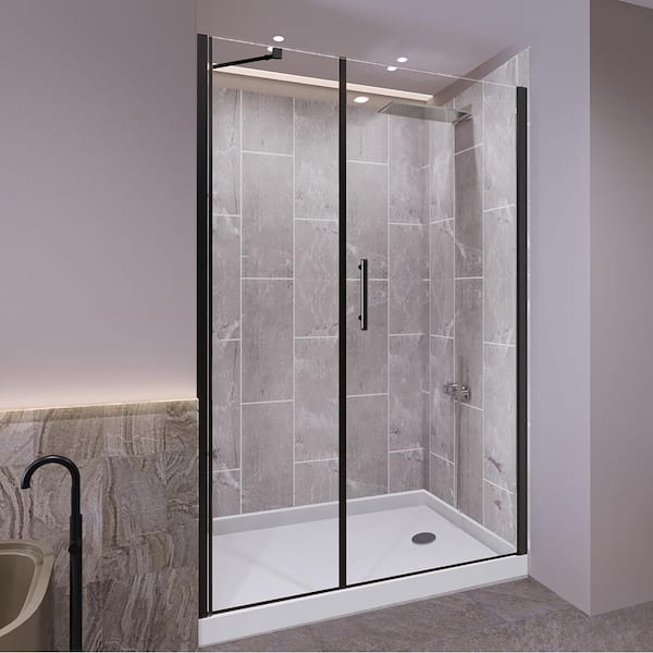 NuVo Platinum Grey-Salishan 48 in. L x 34 in. W x 83 in. H Base/Wall/Door Rectangular Alcove Shower Stall/Kit Matte Black