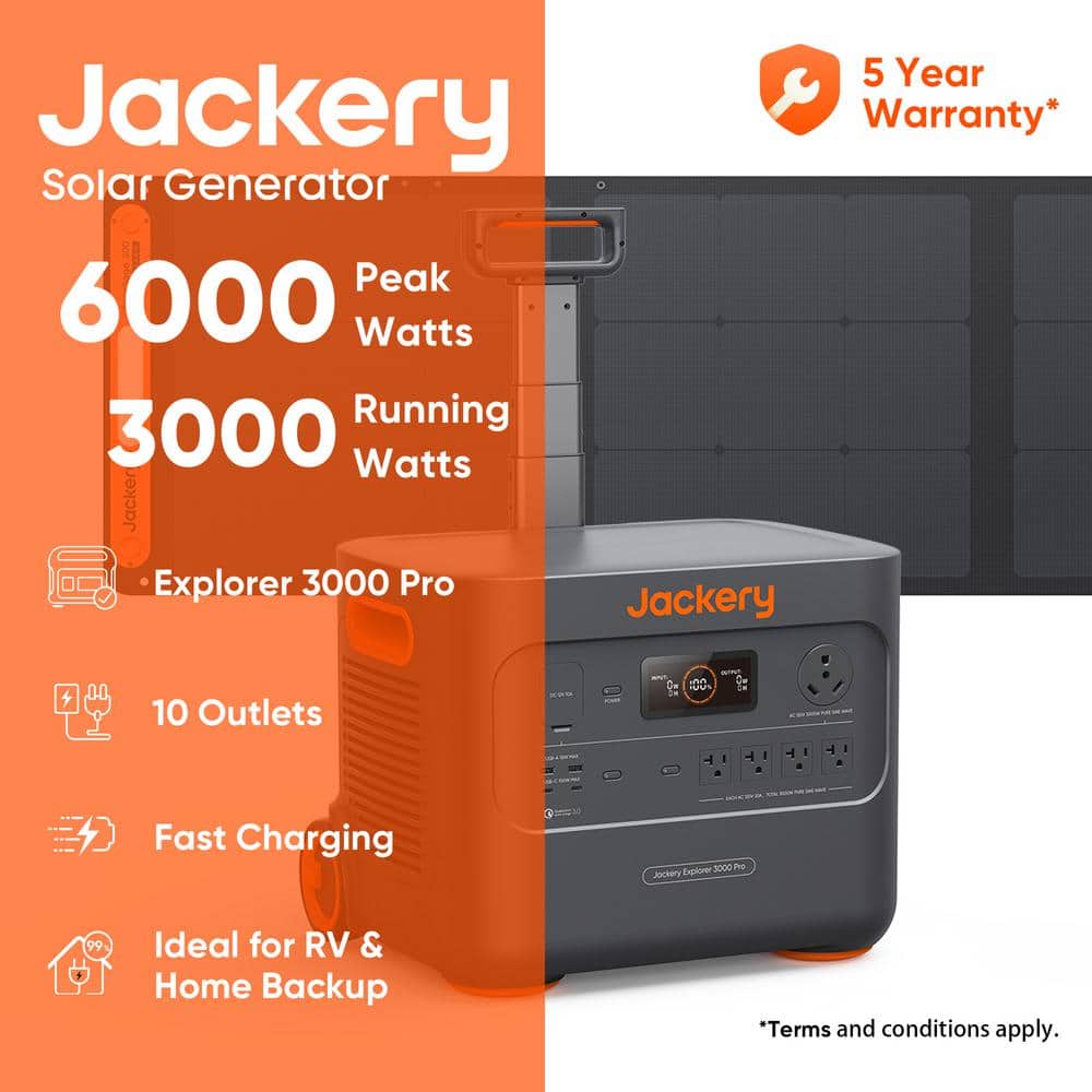 Jackery - Brandclub - 3000-Watt Output/6000W Peak Portable Power Station  Explorer 3000 Pro Push Start Battery Generator/1 Solar Panel Included