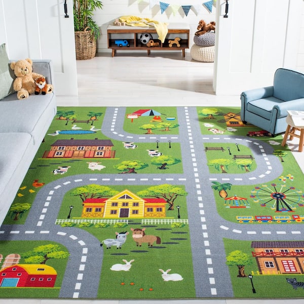 Kids Playhouse 8 ft. x 10 ft. Dark Green/Light Gray Neighborhood Roads Area Rug