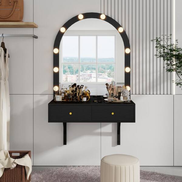 black mirror for dressing table Frances Woven Rattan Vanity Table with Mirror, Black - daals