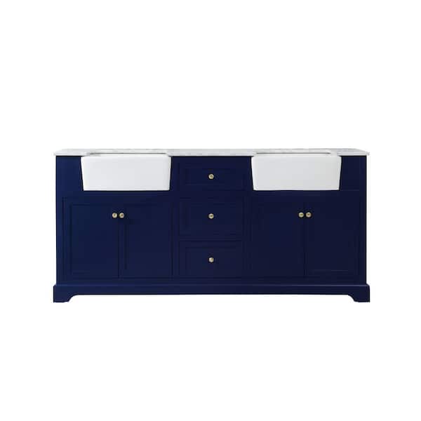 Unbranded Timeless Home 72 in. W x 22 in. D x 34.75 in. H Double Bathroom Vanity Side Cabinet in Blue with White Marble Top