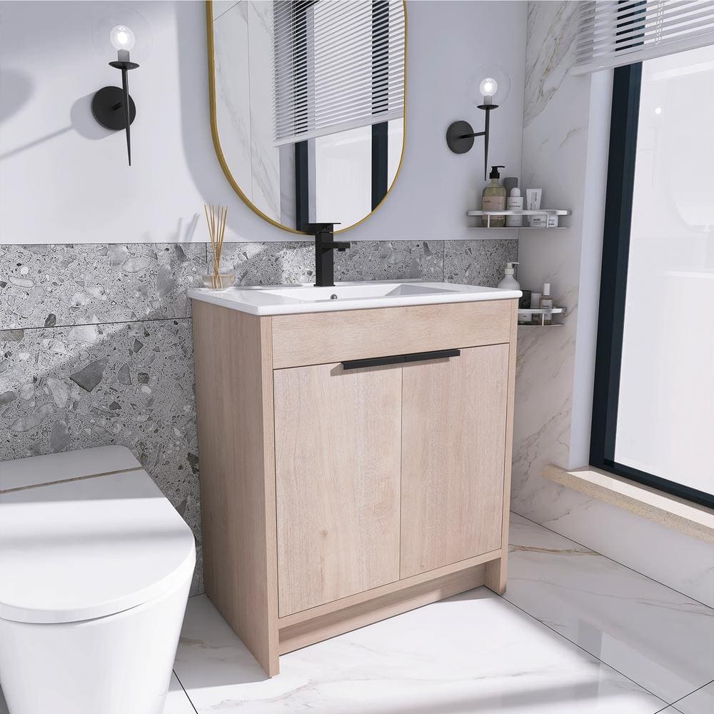 Freestanding Light Oak Plywood Bathroom Vanity with White Ceramic Sink