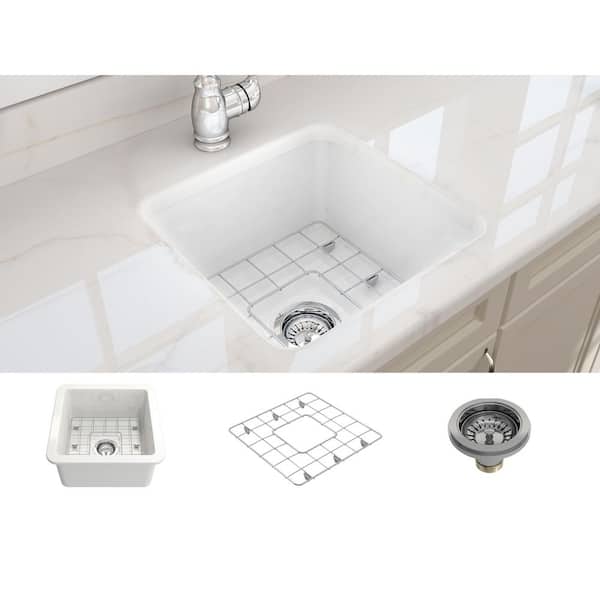 Sotto Undermount Fireclay 18 in. Single Bowl Kitchen Sink with Bottom Grid and Strainer in White