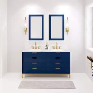 Bristol 60 in. W x 21.5 in. D Vanity in Monarch Blue with Marble Top in White with White Basin and Grooseneck Faucet