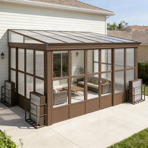 10 ft. x 12 ft. Brown Lean-to Wall Mounted Aluminum Frame Sunroom with Polycarbonate Roof and Sliding Doors