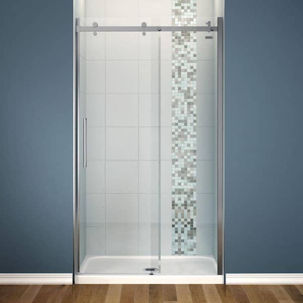 MAAX Halo 48 in. x 82 in. Frameless Sliding Shower Door in Chrome with 48 in. x 32 in. Center Drain Base in White