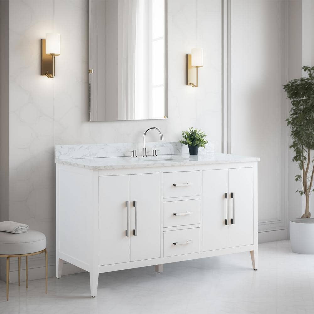 60'' White MDF Freestanding Bathroom Vanity with Engineered Marble Top