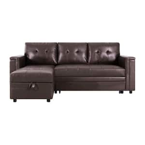54 in. Reversible Sleeper Rolled Arm Microfiber L-Shaped Sofa with Storage and USB Ports in Espresso