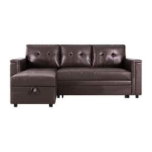 54 in. Reversible Sleeper Faux Leather Rolled Arm Sectional Sofa with Storage and USB Ports in Espresso