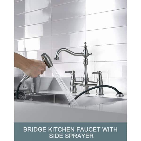 Quaint Double Handle Vintage Bridge Kitchen Faucet-Side Spray in Brushed Nickel